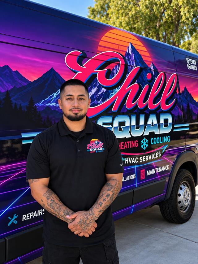 Primo of The Chill Squad HVAC in a company polo standing in front of the Chill Squad service van