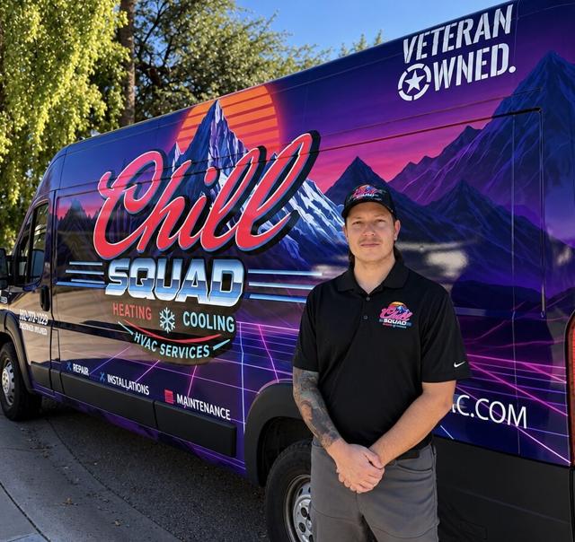Steven of The Chill Squad HVAC standing beside the Chill Squad service van in Phoenix