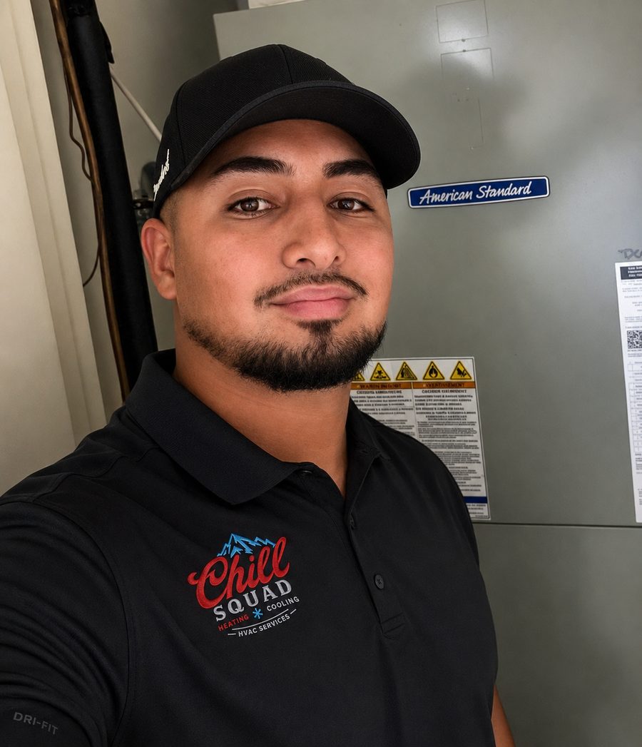 Primo of The Chill Squad HVAC in a company polo beside an American Standard air handler